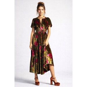 Anthropologie Somerset Maxi Velvet Dress Long Tiered Green‎ Floral Size M